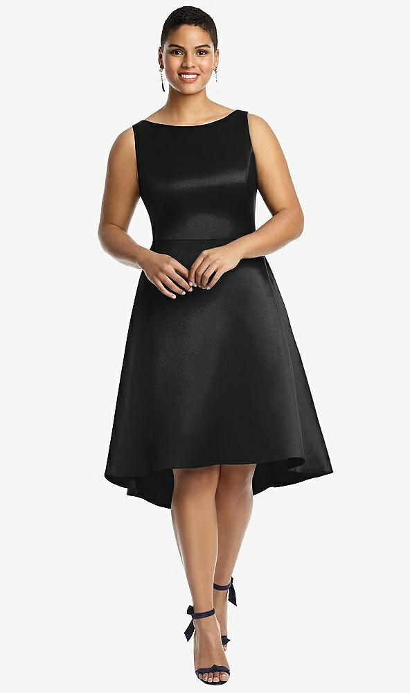 Front View - Black Bateau Neck Satin High Low Cocktail Dress