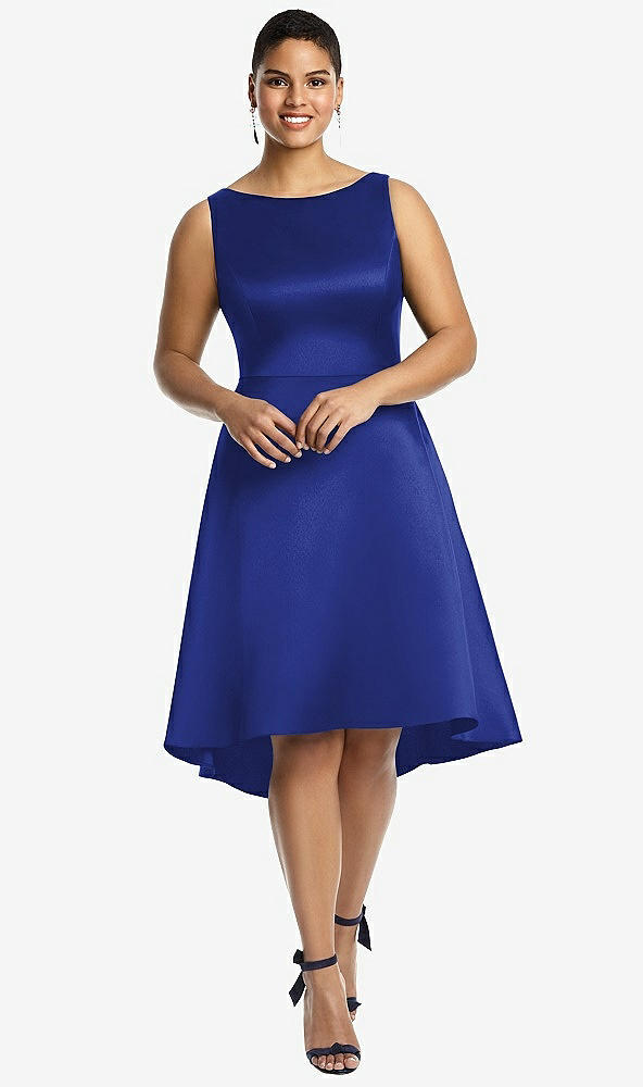 Front View - Cobalt Blue Bateau Neck Satin High Low Cocktail Dress