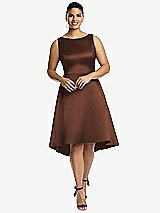 Front View Thumbnail - Cognac Bateau Neck Satin High Low Cocktail Dress