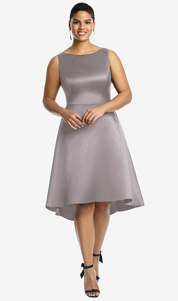 Front View - Cashmere Gray Bateau Neck Satin High Low Cocktail Dress