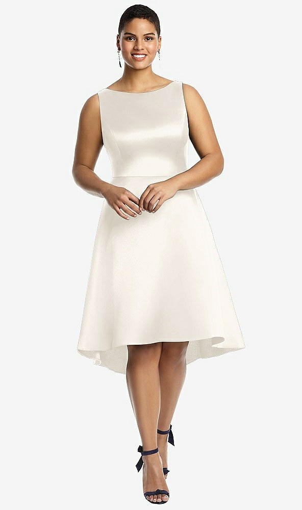 Front View - Ivory Bateau Neck Satin High Low Cocktail Dress