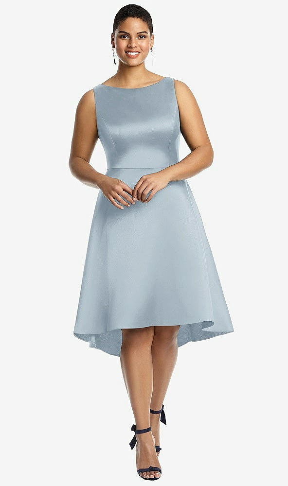 Front View - Mist Bateau Neck Satin High Low Cocktail Dress