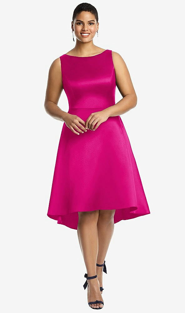 Front View - Think Pink Bateau Neck Satin High Low Cocktail Dress