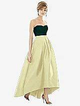 Alt View 1 Thumbnail - Butter Yellow & Evergreen Strapless Satin High Low Dress with Pockets