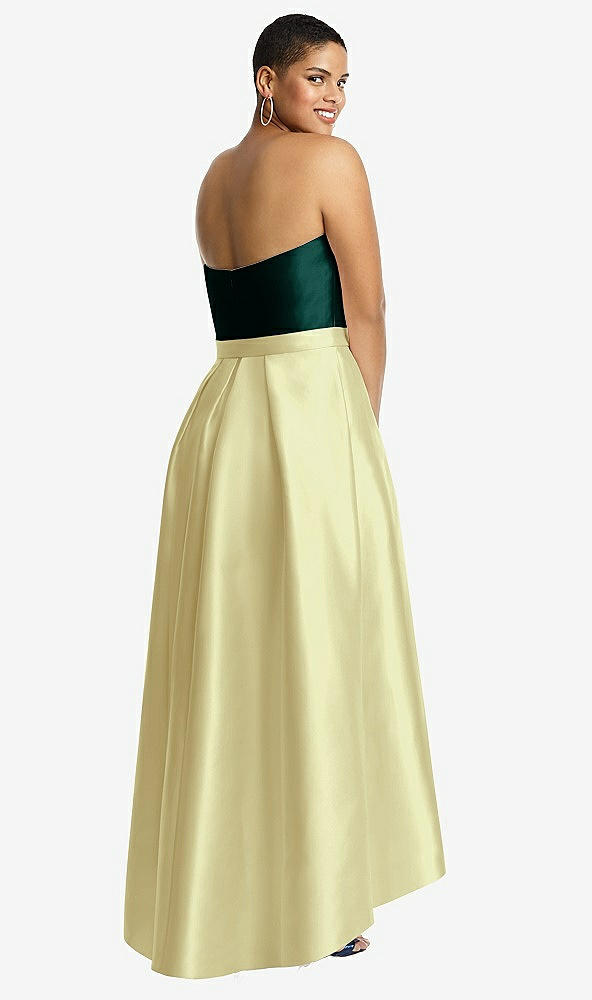 Back View - Butter Yellow & Evergreen Strapless Satin High Low Dress with Pockets