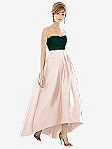 Alt View 1 Thumbnail - Blush & Evergreen Strapless Satin High Low Dress with Pockets