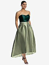 Front View Thumbnail - Sage & Evergreen Strapless Satin High Low Dress with Pockets