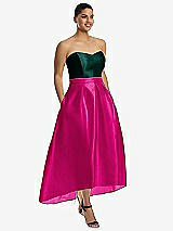 Front View Thumbnail - Think Pink & Evergreen Strapless Satin High Low Dress with Pockets