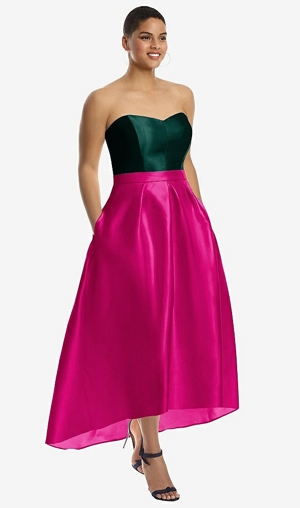 Front View - Think Pink & Evergreen Strapless Satin High Low Dress with Pockets