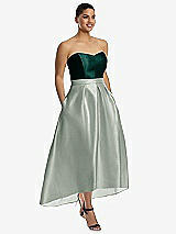 Front View Thumbnail - Willow Green & Evergreen Strapless Satin High Low Dress with Pockets