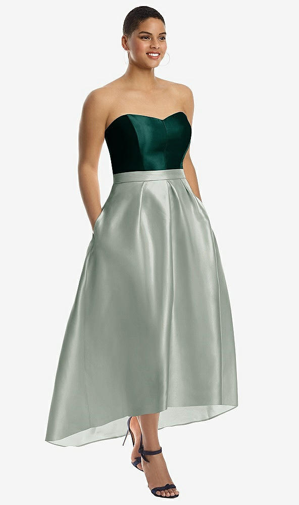 Front View - Willow Green & Evergreen Strapless Satin High Low Dress with Pockets