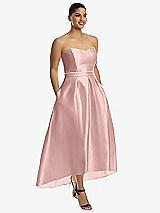 Front View Thumbnail - Rose - PANTONE Rose Quartz & Rose - PANTONE Rose Quartz Strapless Satin High Low Dress with Pockets