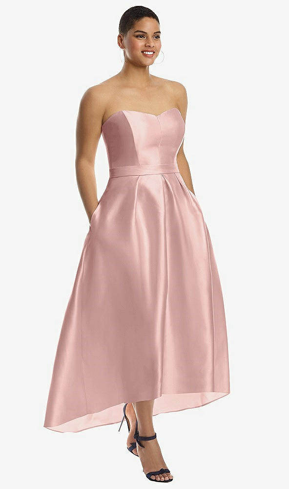 Front View - Rose - PANTONE Rose Quartz & Rose - PANTONE Rose Quartz Strapless Satin High Low Dress with Pockets