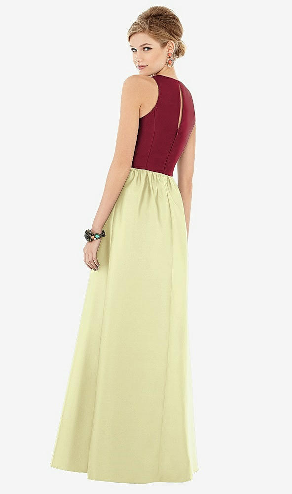 Back View - Butter Yellow & Burgundy Sleeveless Keyhole Back Satin Maxi Dress