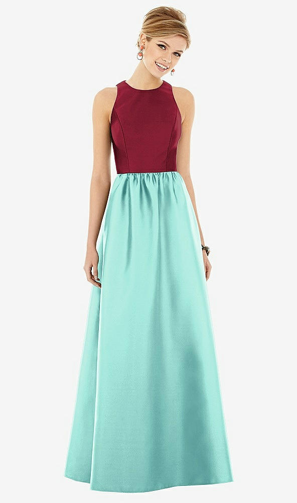 Front View - Coastal & Burgundy Sleeveless Keyhole Back Satin Maxi Dress