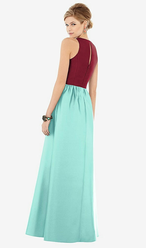 Back View - Coastal & Burgundy Sleeveless Keyhole Back Satin Maxi Dress