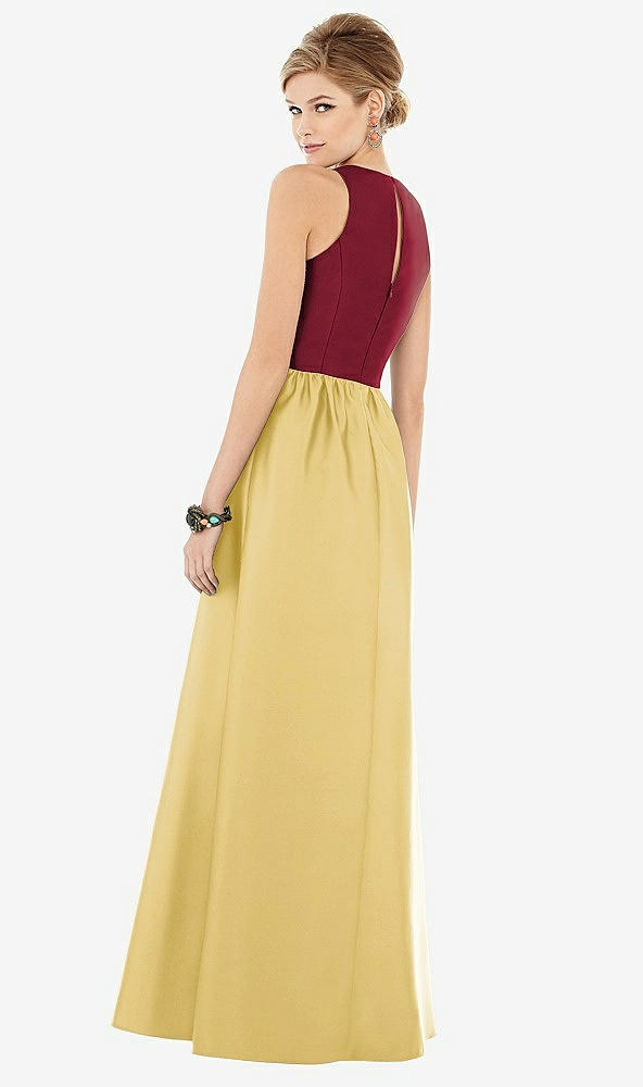 Back View - Maize & Burgundy Sleeveless Keyhole Back Satin Maxi Dress