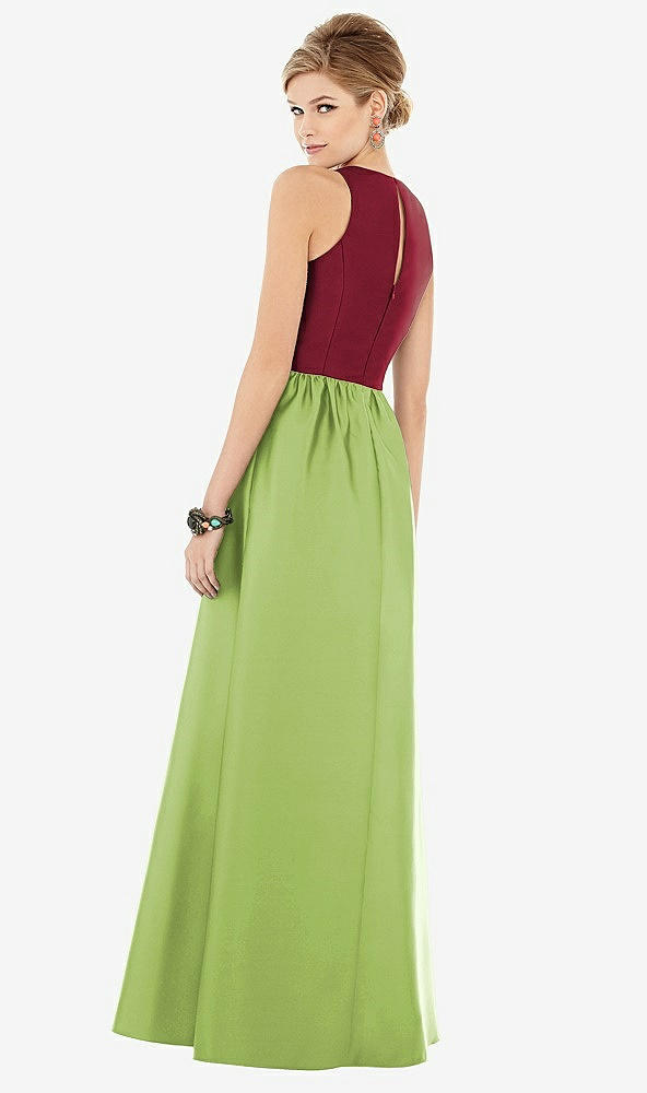 Back View - Mojito & Burgundy Sleeveless Keyhole Back Satin Maxi Dress