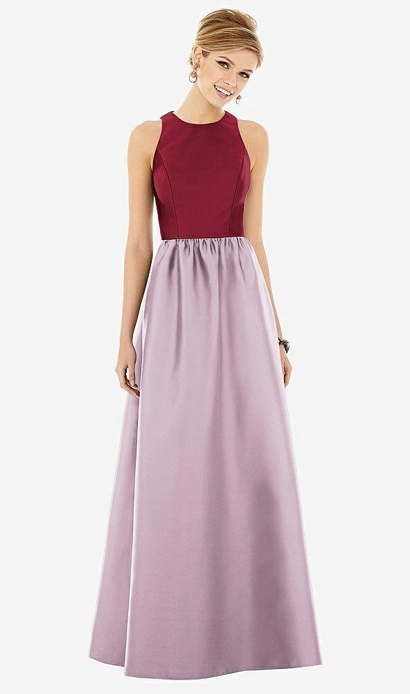 Front View - Suede Rose & Burgundy Sleeveless Keyhole Back Satin Maxi Dress