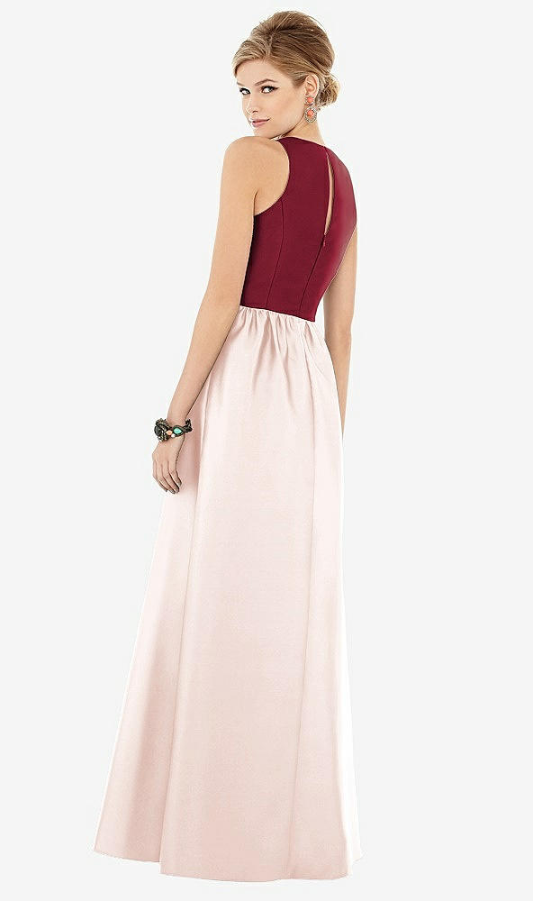 Back View - Blush & Burgundy Sleeveless Keyhole Back Satin Maxi Dress