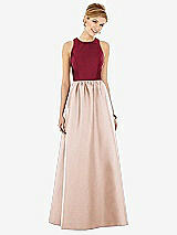 Front View Thumbnail - Cameo & Burgundy Sleeveless Keyhole Back Satin Maxi Dress