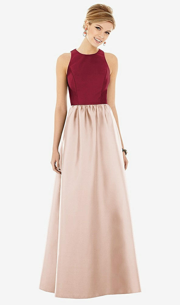 Front View - Cameo & Burgundy Sleeveless Keyhole Back Satin Maxi Dress