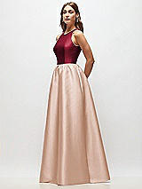 Side View Thumbnail - Cameo & Burgundy Sleeveless Keyhole Back Satin Maxi Dress