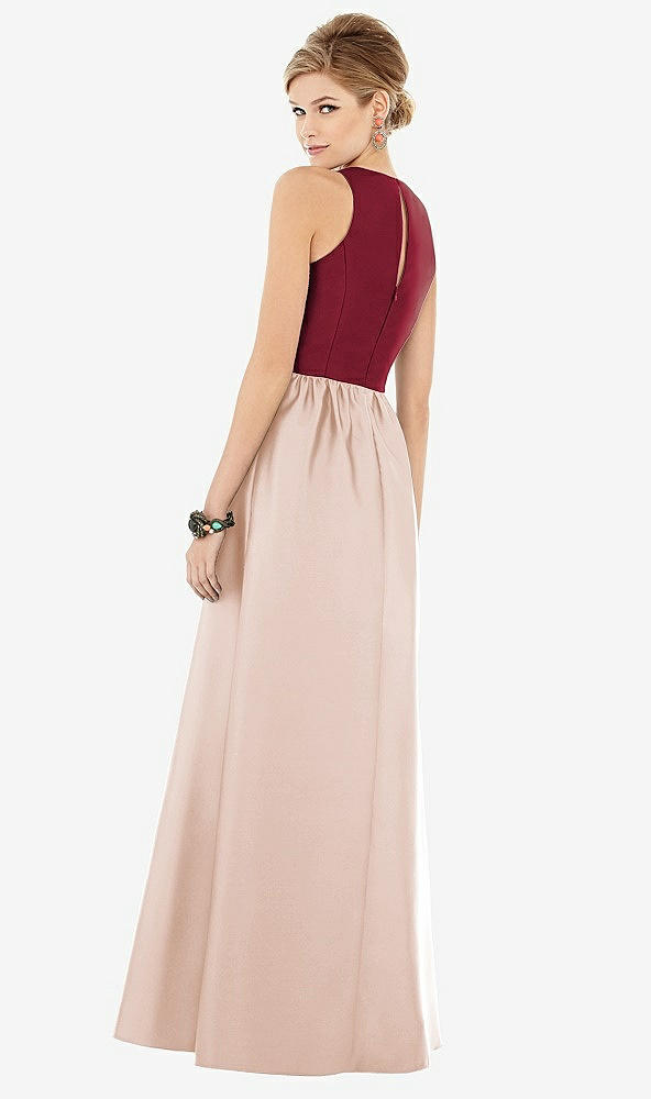 Back View - Cameo & Burgundy Sleeveless Keyhole Back Satin Maxi Dress