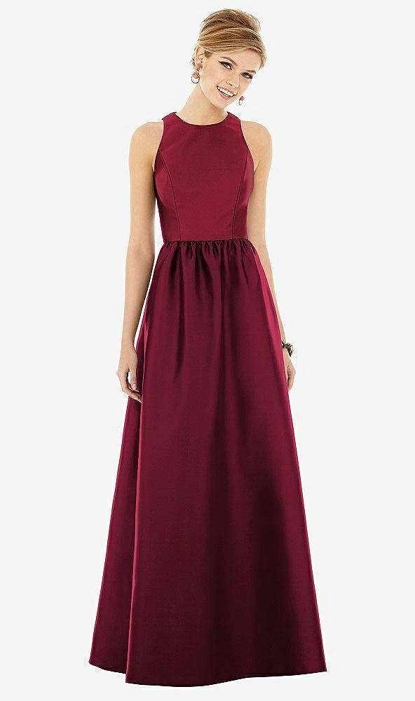 Front View - Cabernet & Burgundy Sleeveless Keyhole Back Satin Maxi Dress