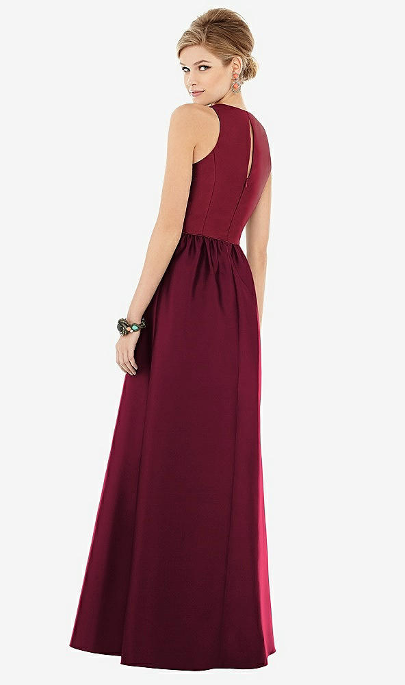 Back View - Cabernet & Burgundy Sleeveless Keyhole Back Satin Maxi Dress