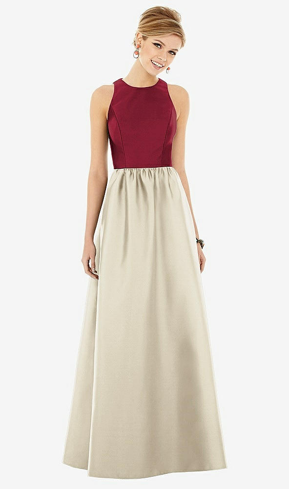 Front View - Champagne & Burgundy Sleeveless Keyhole Back Satin Maxi Dress