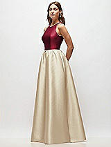 Side View Thumbnail - Champagne & Burgundy Sleeveless Keyhole Back Satin Maxi Dress