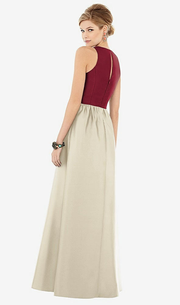 Back View - Champagne & Burgundy Sleeveless Keyhole Back Satin Maxi Dress