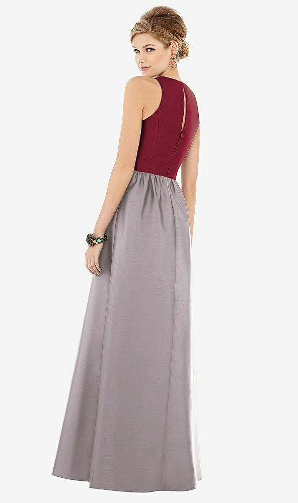 Back View - Cashmere Gray & Burgundy Sleeveless Keyhole Back Satin Maxi Dress