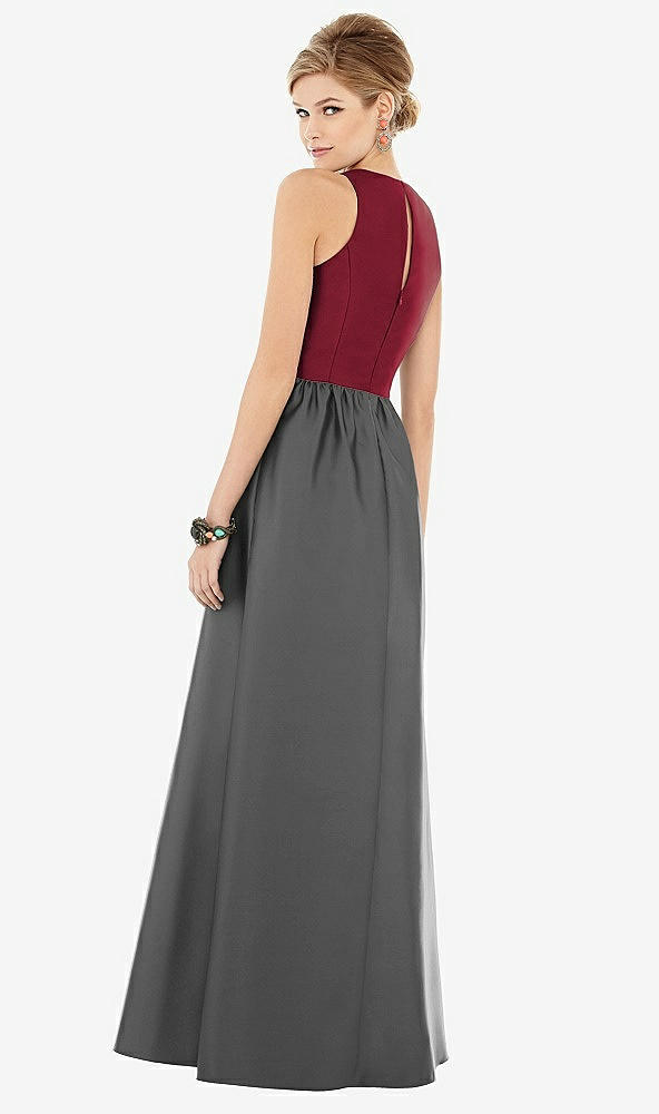 Back View - Gunmetal & Burgundy Sleeveless Keyhole Back Satin Maxi Dress