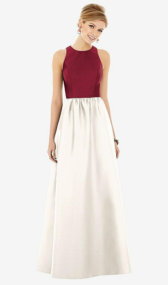 Front View - Ivory & Burgundy Sleeveless Keyhole Back Satin Maxi Dress