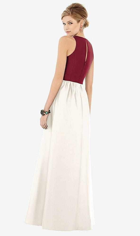 Back View - Ivory & Burgundy Sleeveless Keyhole Back Satin Maxi Dress