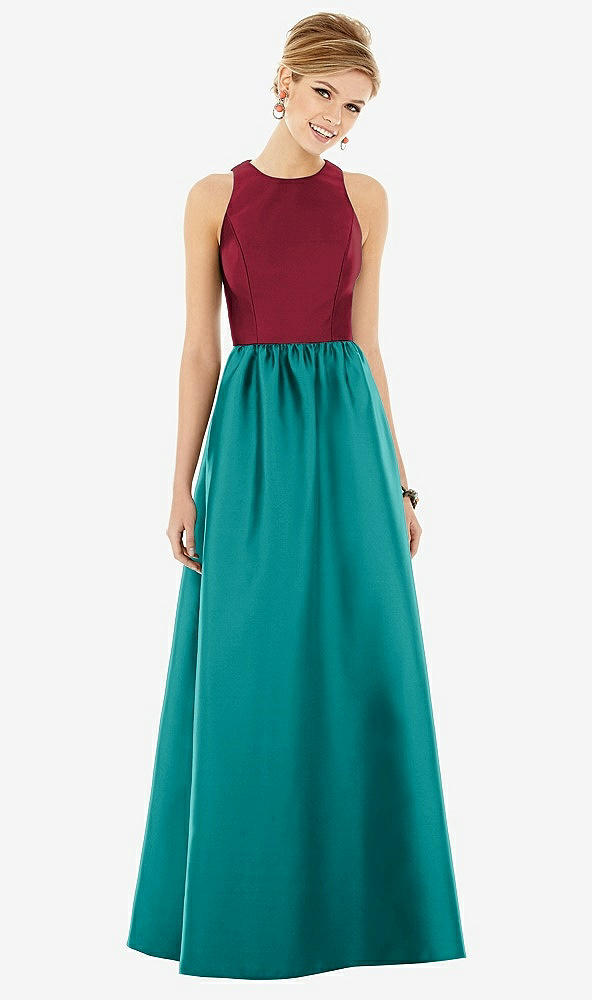 Front View - Jade & Burgundy Sleeveless Keyhole Back Satin Maxi Dress