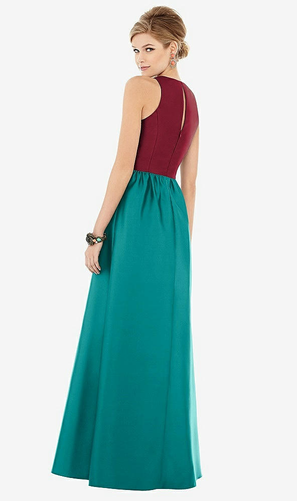 Back View - Jade & Burgundy Sleeveless Keyhole Back Satin Maxi Dress