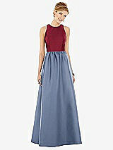 Front View Thumbnail - Larkspur Blue & Burgundy Sleeveless Keyhole Back Satin Maxi Dress