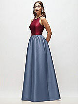 Side View Thumbnail - Larkspur Blue & Burgundy Sleeveless Keyhole Back Satin Maxi Dress