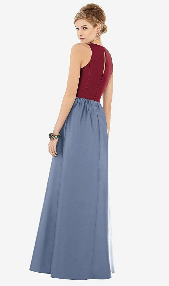 Back View - Larkspur Blue & Burgundy Sleeveless Keyhole Back Satin Maxi Dress