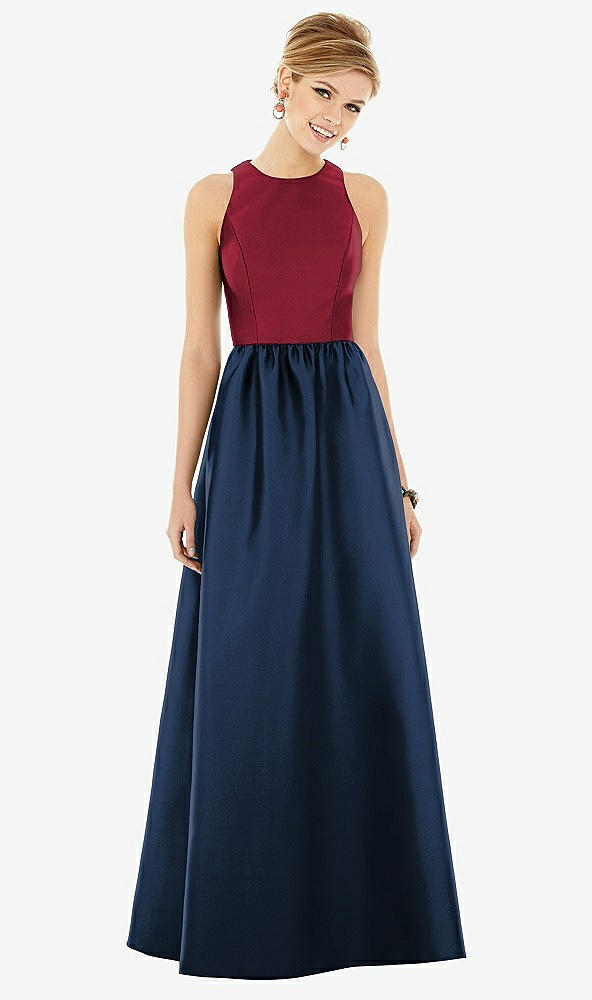 Front View - Midnight Navy & Burgundy Sleeveless Keyhole Back Satin Maxi Dress