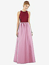 Front View Thumbnail - Powder Pink & Burgundy Sleeveless Keyhole Back Satin Maxi Dress