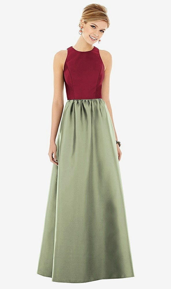 Front View - Sage & Burgundy Sleeveless Keyhole Back Satin Maxi Dress