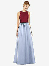 Front View Thumbnail - Sky Blue & Burgundy Sleeveless Keyhole Back Satin Maxi Dress