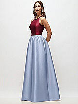 Side View Thumbnail - Sky Blue & Burgundy Sleeveless Keyhole Back Satin Maxi Dress