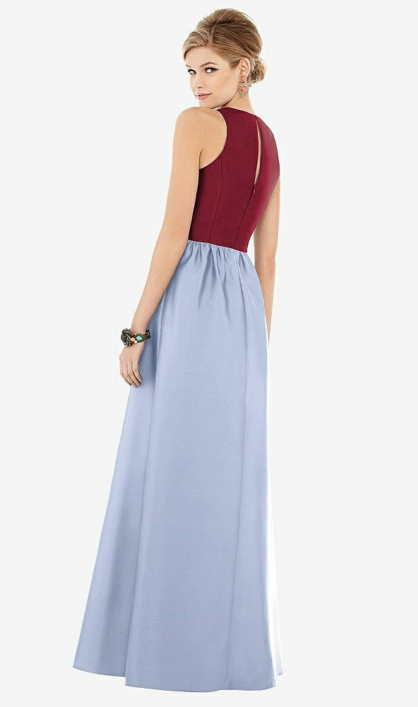 Back View - Sky Blue & Burgundy Sleeveless Keyhole Back Satin Maxi Dress