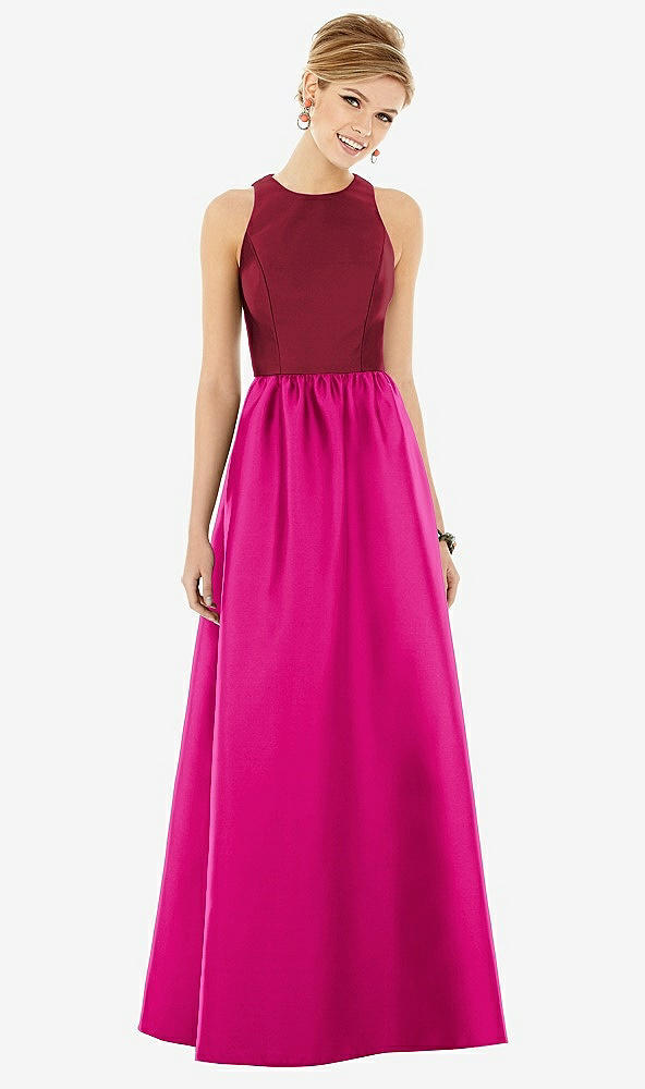 Front View - Think Pink & Burgundy Sleeveless Keyhole Back Satin Maxi Dress