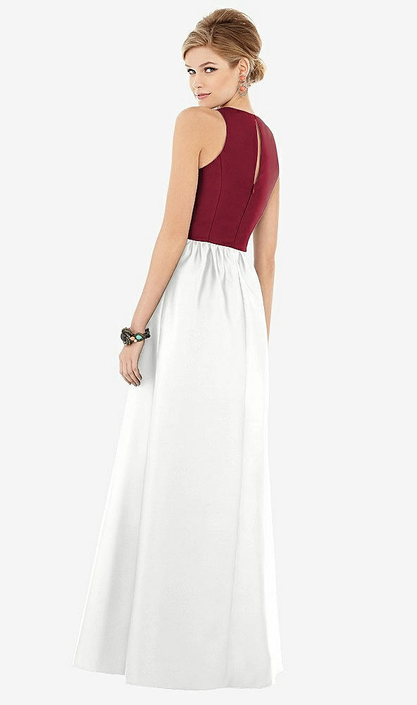 Back View - White & Burgundy Sleeveless Keyhole Back Satin Maxi Dress